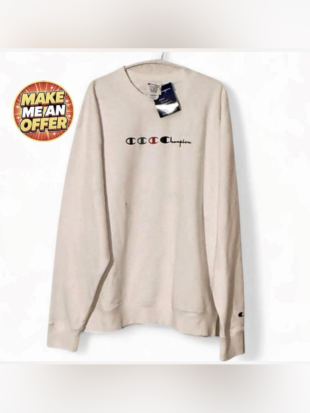 Brand New White Champion Crewneck Sweatshirt with Multicolor Logo - SZ XL